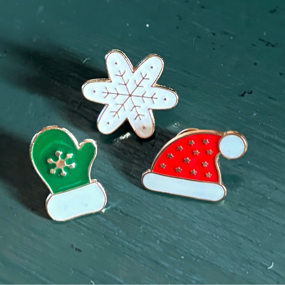 Christmas Enamel Pin Set of 3 Mitten, Snowflake, Santa Hat